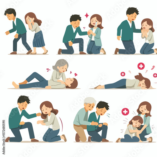 image of a person who faints and is helped by family with a simple and minimalist flat design using a white background