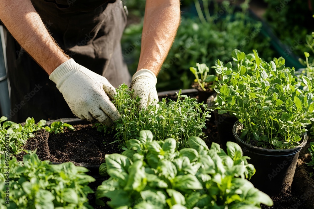 Fototapeta premium Organic gardener planting fresh green herbs in rich soil for sustainable homegrown harvest and healthy eco-friendly lifestyle