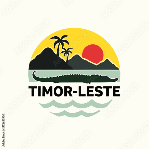 Flat vector of Timor-Leste with crocodile, palm trees, sunset and ocean. Symbolic and tropical travel design