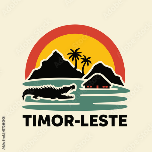 Vector illustration of Timor-Leste with crocodile, traditional house, mountains and sunset. Tropical and cultural design
