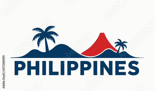 Vector design of the Philippines with volcano, palm trees and sea. Simple tropical landscape illustration