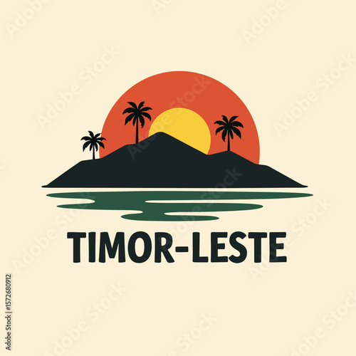 Vector illustration of Timor-Leste island with sunset, palm trees and sea. Minimal tropical travel design