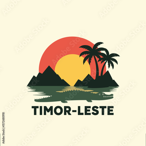 Tropical vector of Timor-Leste with crocodile, palms, mountains and sunset. Symbolic island scene