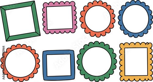 Collection of Colorful Hand-Drawn Doodle Frames in Various Shapes Including Squares and Circles with Scalloped Edges, Perfect for Photos, Text, or Decorative Elements