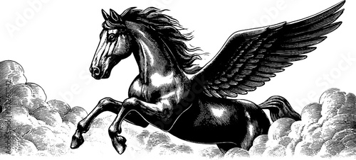 Vintage black and white engraving illustration of winged horse pegasus in flight