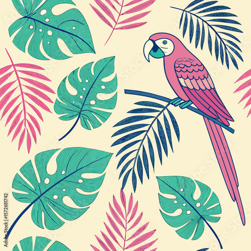 Vibrant Tropical Parrot and Monstera Leaf Seamless Pattern:  Summery, Hand-Drawn Illustration