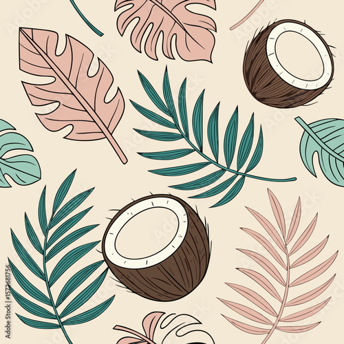 Tropical Seamless Pattern: Pastel Pink and Teal Palm Leaves with Halved Coconuts, Summery Beach Vibe, Hand-Drawn Illustration