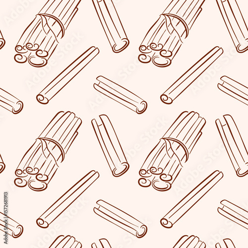 Line art style cinnamon stick seamless pattern. Exotic spice for store package, cafe menu design.