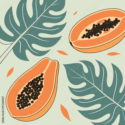 Tropical Papaya Halves with Monstera Leaves:  Modern Minimalist Summer Fruit Design