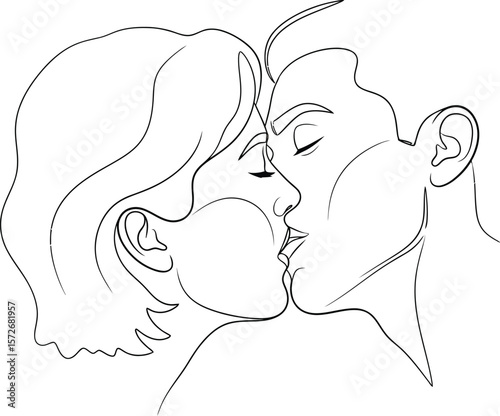 Romantic couple sharing a tender kiss in minimalist line art style