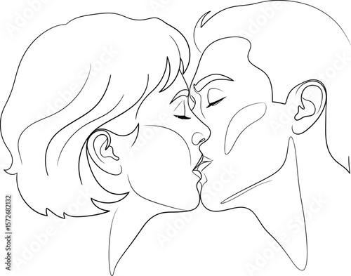 Minimalist line art drawing of a couple sharing a tender kiss