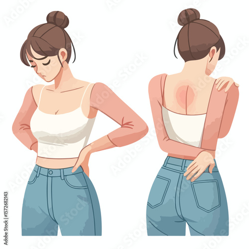 image of a woman holding her back due to pain with a simple and minimalist flat design using a white background