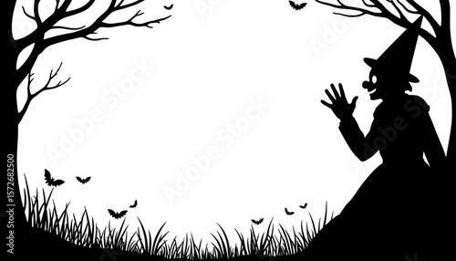 Silhouette of creepy clown in Halloween frame, circus horror theme with copyspace
