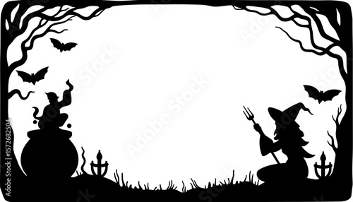 Silhouette Halloween frame with witch and cauldron, spooky decor copyspace