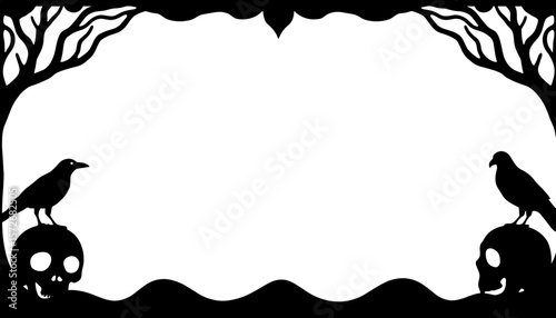 Silhouette of Halloween frame with ravens and skulls, Gothic symbolism and macabre accent