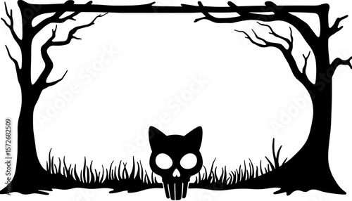 Silhouette Halloween frame with cat skull and trees