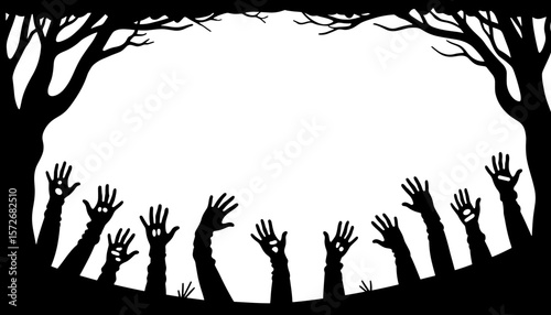 Silhouette of mummy hands reaching up, Halloween spooky frame