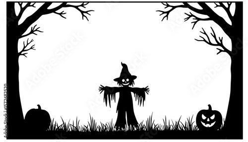 Halloween scarecrow silhouette with pumpkins and trees, spooky seasonal decor