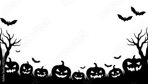 Halloween silhouette frame with bats and pumpkins, spooky festive border