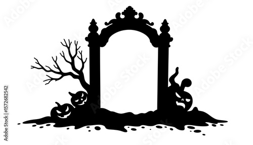 Halloween mirror silhouette with pumpkins and tree, spooky decoration