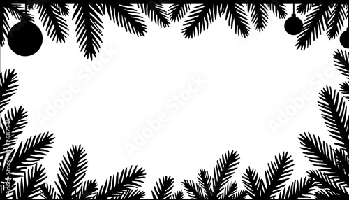 Silhouette of Christmas frame with pine branches and ornaments, festive holiday border