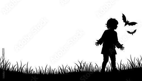 Silhouette of child with bats, Halloween eerie innocence, white background