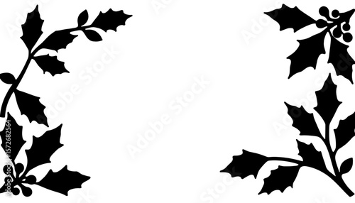 Silhouette of Christmas holly border with leaves and berries, festive holiday decor