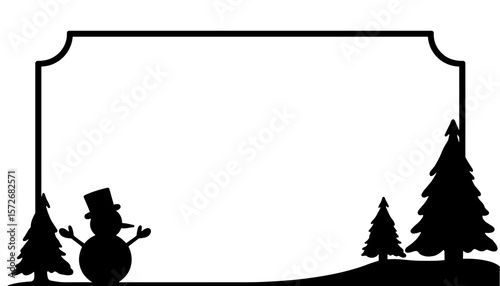 Silhouette Christmas frame with snowman and trees, festive winter decoration