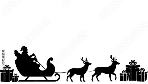 Silhouette of Santa sleigh with reindeer and gifts, Christmas delivery concept