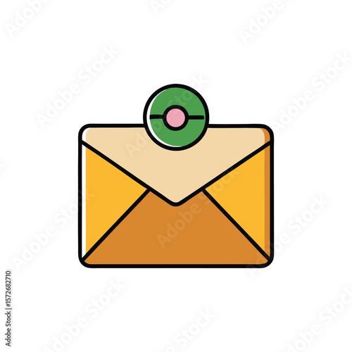 A stylized envelope icon with a green circle and pink dot