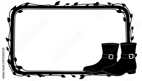 Thanksgiving pilgrim shoes silhouette with leaf frame, historical holiday symbol