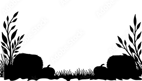 Thanksgiving silhouette with hay bales and pumpkins, fall harvest seasonal decor