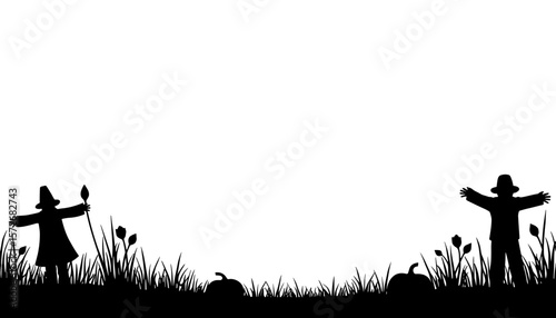 Thanksgiving scarecrow silhouettes with pumpkins and grass border, fall harvest decor
