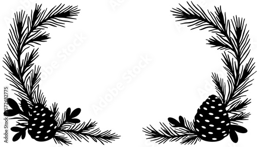 Silhouette of pinecone and needles frame, Thanksgiving autumn decor copyspace