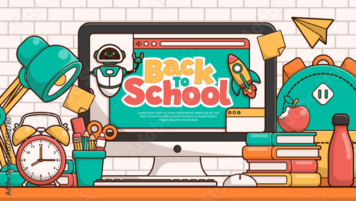 Back to school vector template background with school elements and items. Vector Illustration