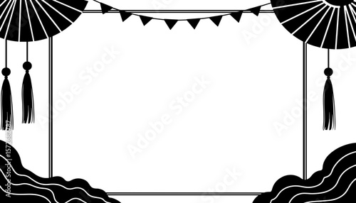 Silhouette of Chinese New Year frame with paper fan and tassels, cultural holiday elegance