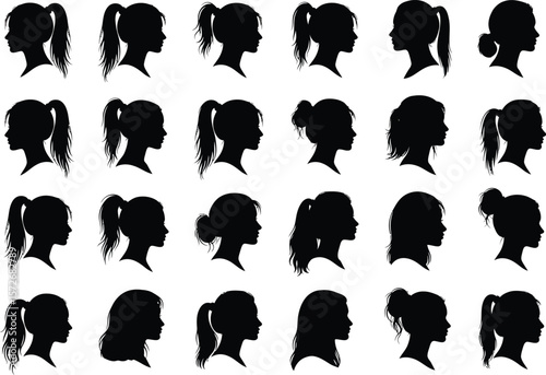 Collection of diverse female profile silhouettes with various hairstyles