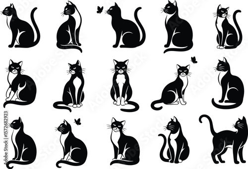 Collection of black and white cat silhouettes in various poses and with butterflies