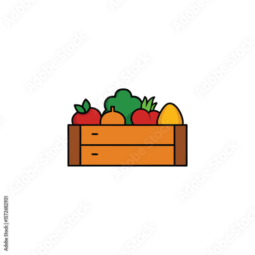 Wooden crate filled with fresh organic vegetables and fruits