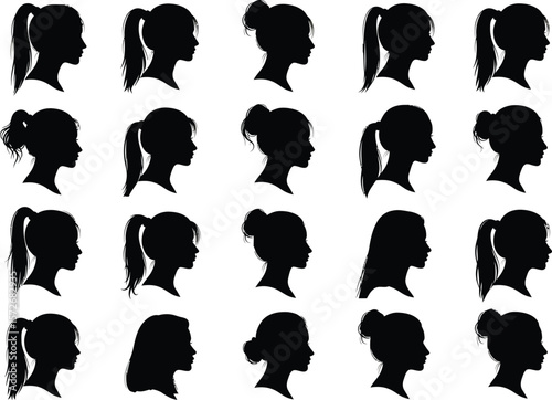 Collection of diverse female silhouettes with various hairstyles in profile view