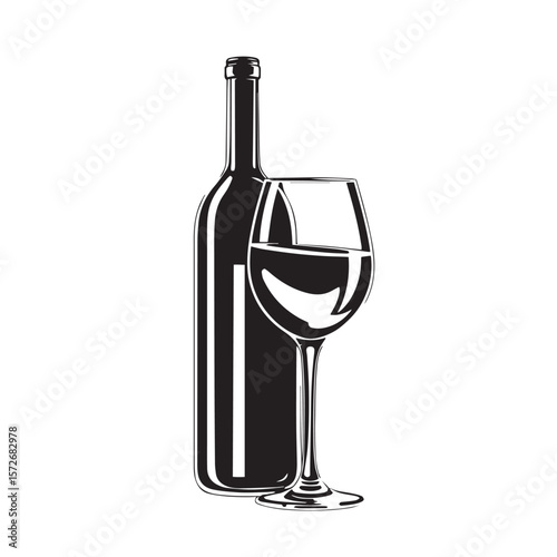 Wine glass and bottle combo vector design concept black and white illustration.