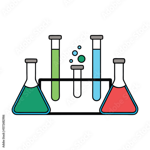 Laboratory glassware with colorful liquids for science