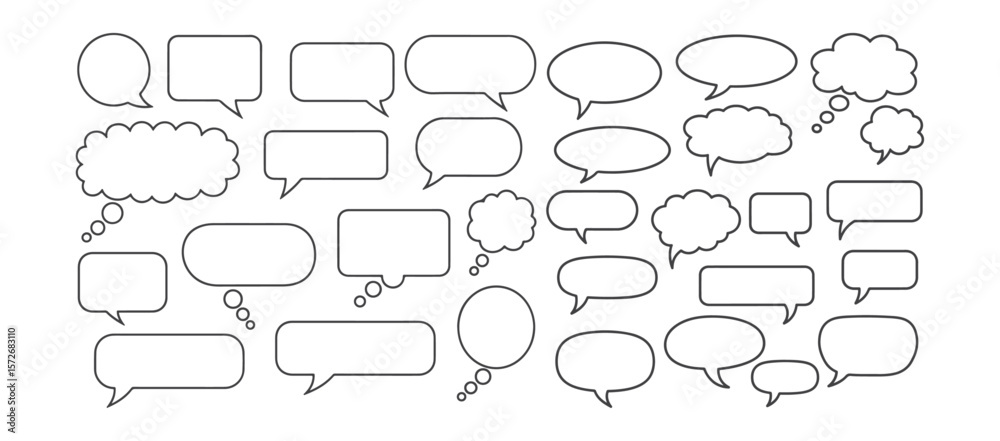 Fototapeta premium Minimalist Speech and Thought Bubbles Collection – Black and White Vector Set of Blank Comic Chat Balloons for UI, Comics, and Design Templates
