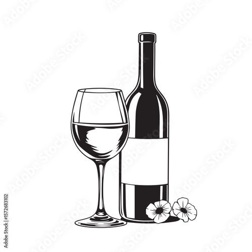 Wine glass and bottle combo vector design concept black and white illustration.