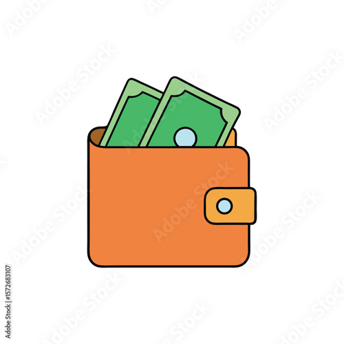 Orange wallet filled with cash and banknotes