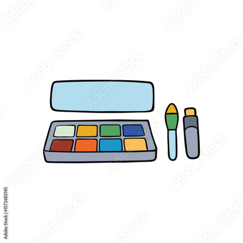 A makeup palette with various colors and brushes