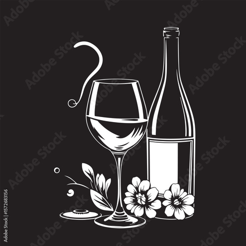 Wine glass and bottle combo vector design concept black and white illustration.