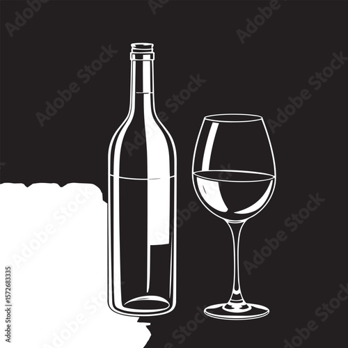 Wine glass and bottle combo vector design concept black and white illustration.