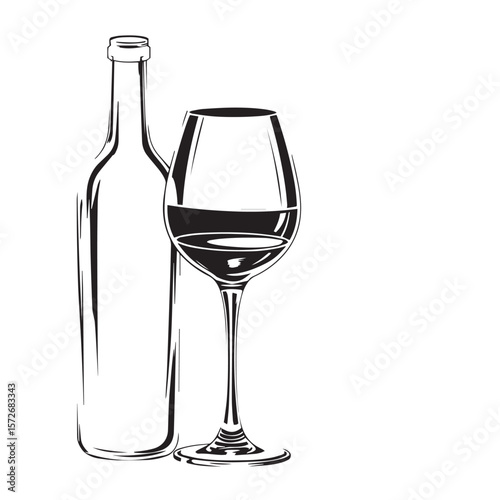 Wine glass and bottle combo vector design concept black and white illustration.