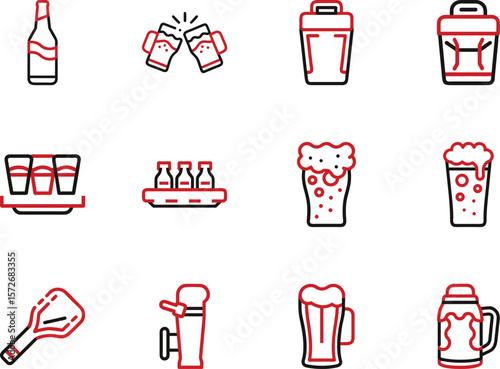 Collection of twelve distinct red and black beer and alcohol icons set against a plain white backdrop